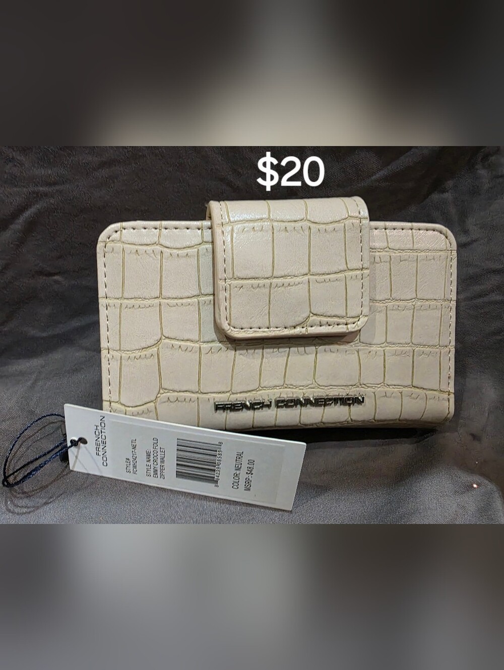 French Connection Croc-Embossed Cream Wallet with Logo Detail